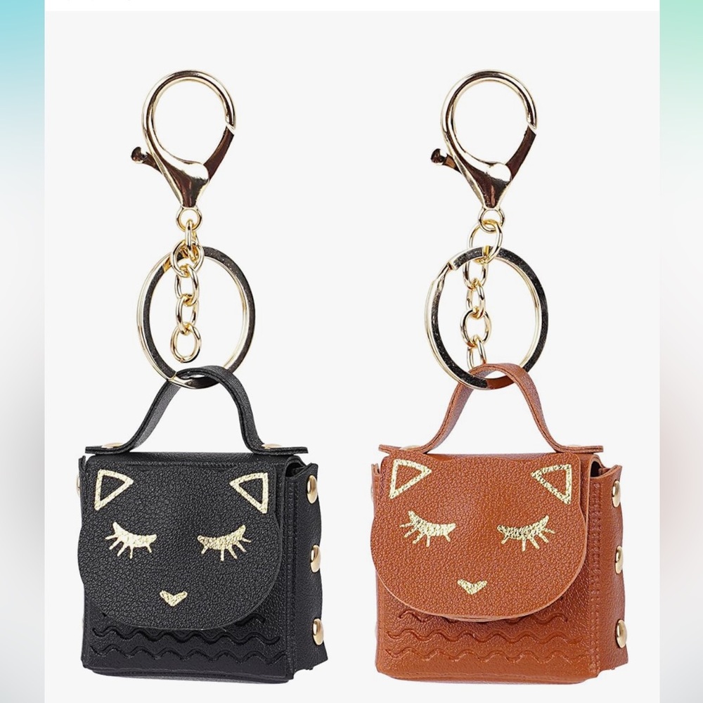 🆕 2 Pack Mini Bag Keychain – Cute Cat Face Print, Faux Leather